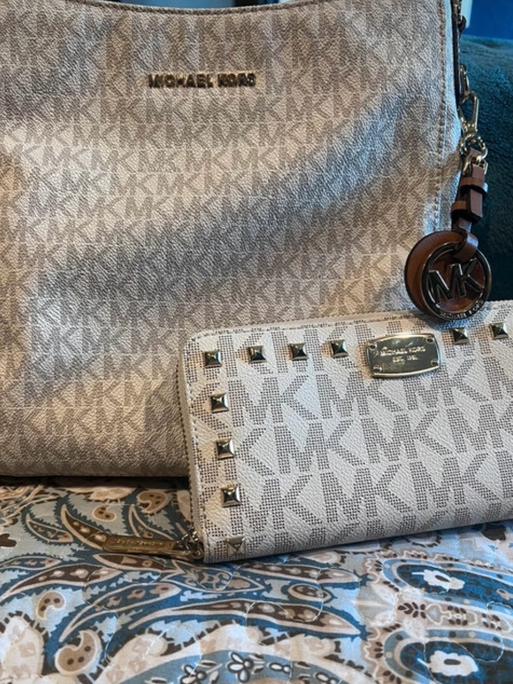 Michael Kors Beige Logo Tote with Stud-Trim Wallet